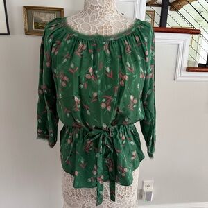 REBECCA TAYLOR Green Silk Floral Waist Cinch Blouse Sz 4